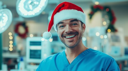 The festive mood of the surgeon in the operating room in a red hat. space for the text on the left