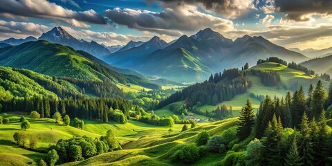 Lush mountain landscape with dense greenery and vast depth of field