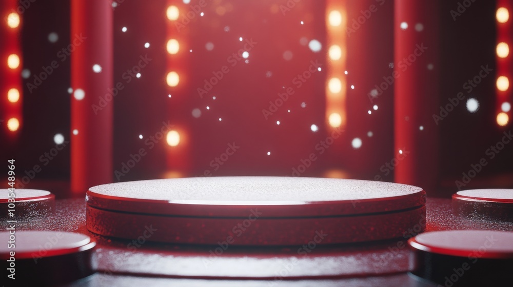 Aufkleber The scene features a circular stage surrounded by red lights, creating a dramatic atmosphere. Soft particles float in the air, enhancing the anticipation of an upcoming performance or event.