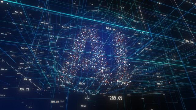 AI letters animation of glowing symbols in virtual digital world, 4k abstract artificial intelligence tech animated template