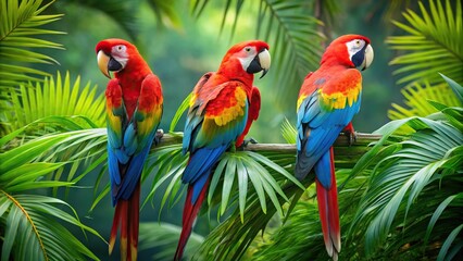Fototapeta premium Lush tropical foliage with three macaws perched