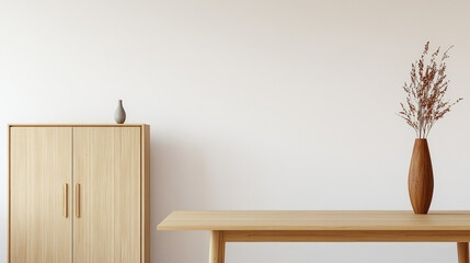 Wooden Dining Table and Cabinet on White Wall for Modern Home Office Interior, Minimalist Japanese Style