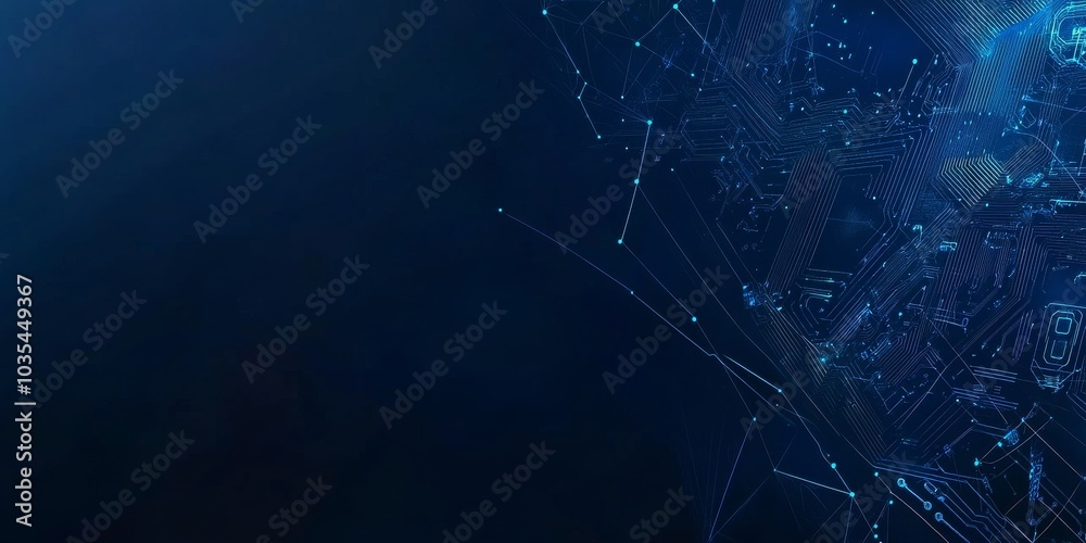 Wall mural a blue background banner with a futuristic design features a circuit board shape. lines connect to f