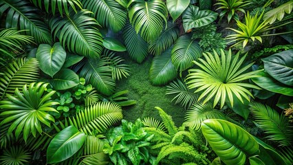 Lush tropical haven featuring monstera, palm, and fern plants from a bird's eye view