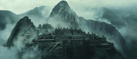 A captivating view of ancient ruins nestled on a mountain peak, shrouded in mist, evoking a sense of mystery and history.