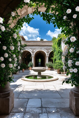Fototapeta premium Fountain stands under bright arch, framed by white roses, vibrant sky above.
