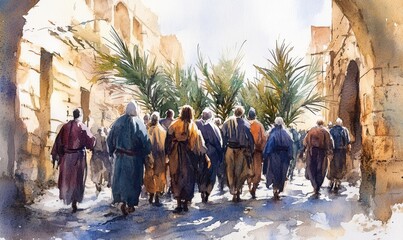 Jesus entering in Jerusalem. Palm Sunday. New Testament. Watercolor Biblical Illustration, Generative AI
