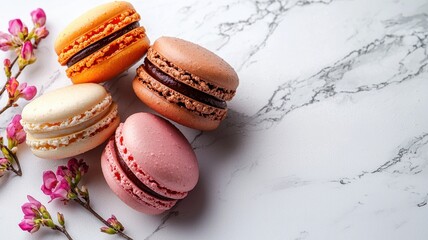 A delightful arrangement of colorful macarons on a marble surface, surrounded by delicate flowers, showcasing an elegant dessert experience that tantalizes the taste buds.