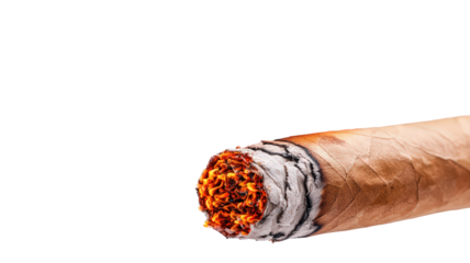 close up view of burning cigar, showcasing glowing embers and textured wrapper. image captures essence of relaxation and indulgence