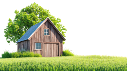 rustic wooden house surrounded by lush green grass and large tree creates serene countryside scene. This charming structure evokes sense of tranquility and simplicity