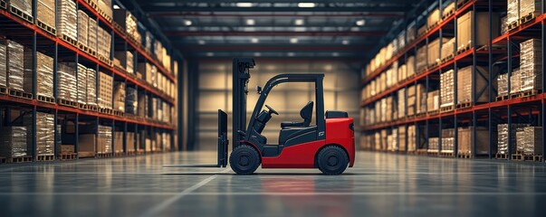 A red forklift stands in a spacious warehouse, surrounded by high shelves filled with boxes, highlighting the efficiency of warehouse operations.