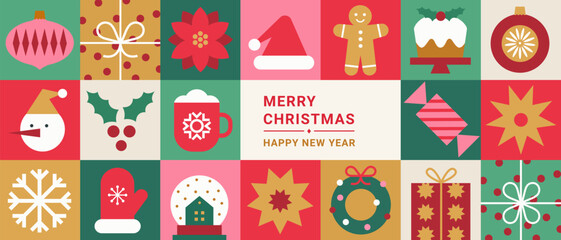Fototapeta premium Merry Christmas and Happy New Year minimalist geometric banner. Xmas background. Modern pattern with Christmas icons. Trendy design for banner, card, cover, poster, advertising, wallpaper.