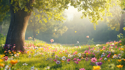 Obraz premium A colorful spring meadow filled with various wildflowers and blooming trees, celebrating the beauty of nature.