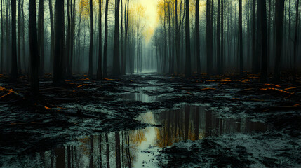 Naklejka premium A Forest Scene Featuring Dead Trees and Polluted Soil, Highlighting Environmental Degradation and Ecological Impact