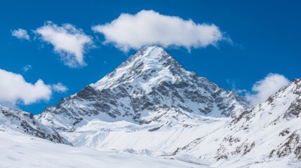Fototapeta premium A majestic snowy mountain peak towers under a clear blue sky, surrounded by fluffy clouds, showcasing the beauty of nature.