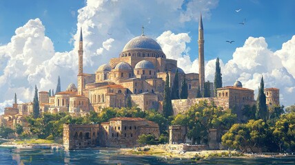 A stunning view of a grand historical building with domes and minarets, surrounded by lush greenery and a serene water body, under a bright blue sky with soft clouds.