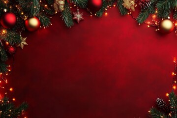 Festive Christmas Border with Pine Branches and Ornaments on Red
