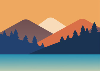 A mountain range with a blue lake in the foreground. The mountains are covered in trees and the sky is orange