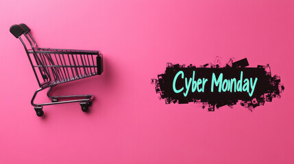 The shopping cart on pink background. Cyber Monday
