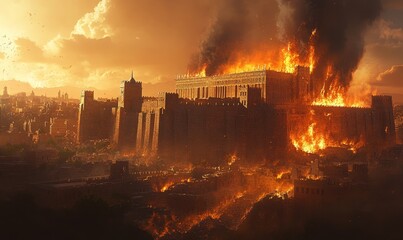 Fototapeta premium Tisha BAv. The destruction of the Temple of Jerusalem. The holy city of Jerusalem succumbs to fire and chaos as the Temple is razed. Digital, Generative AI
