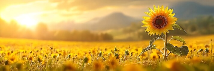 Stunning aerial view of a vibrant yellow sunflower field facing the warm glowing sunrise in a serene picturesque rural landscape