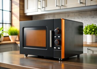Fototapeta premium Stylish black microwave highlighted with orange accents, ideal for today's kitchens. Combines efficient cooking capabilities with convenient features, elevating your modern home decor.