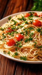 Enjoy a close-up view of spiral spaghetti with cherry tomatoes and arugula, topped with parmesan cheese on a rustic wooden table