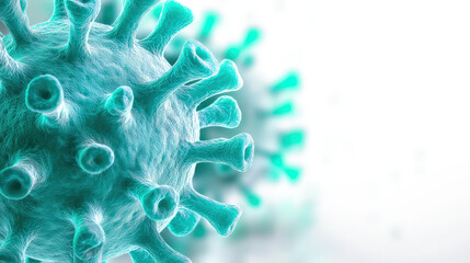 Fototapeta premium image features detailed representation of turquoise coronavirus, showcasing its intricate structure and spikes. This visual emphasizes scientific aspects of virology and health awareness