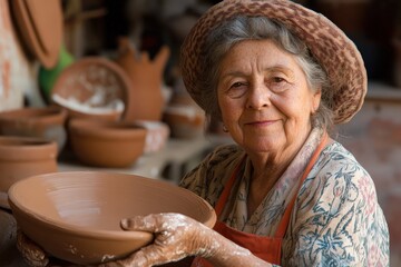 Woman Pottery: Senior Ceramic Artist Crafting Artwork from Clay
