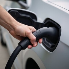 Naklejka premium Hand with electric car charger plugged into an EV charging station connected to an electric vehicle