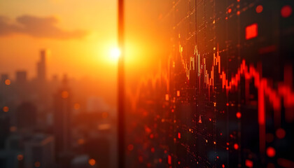 stunning sunset view over city skyline, with focus on digital stock market graph displaying fluctuating trends and vibrant colors. warm hues of sunset contrast beautifully with data visualization