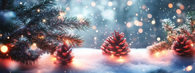 Fototapeta premium Festive Pine Cones and Evergreen Branches in Glittering Winter Snow