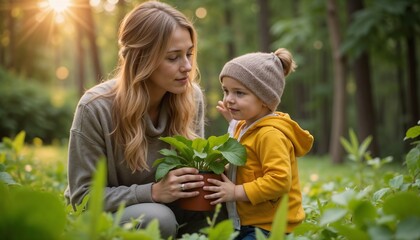 Mother with caring mood nurturing plant with child against blurred nature backgroundMother with caring mood nurturing plant with child against blurred nature background