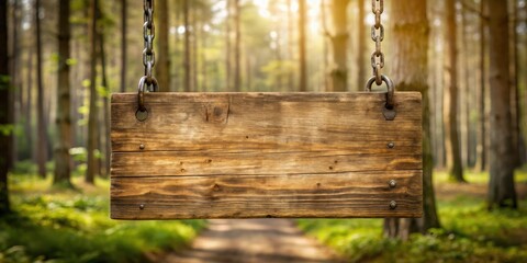 Naklejka premium A weathered wooden sign hangs from a chain in a sun-dappled forest setting, inviting the viewer to discover the secrets it holds.