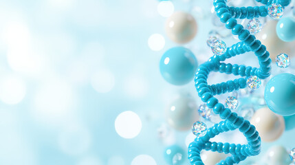 vibrant blue DNA double helix with beads and bubbles on soft background creates captivating visual. This symbolizes life and genetic structure, evoking curiosity and wonder