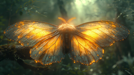 Illustration of a golden cocoon hanging on a branch, transforming into a beautiful large butterfly wing.