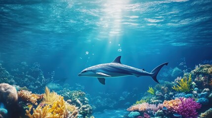Fototapeta premium World Oceans Day: Underwater Landscape with Marine Life - Dolphin, Shark, Coral, Stingray, Turtle