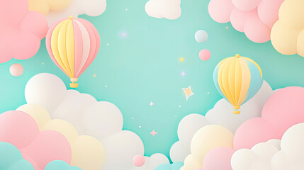Background in pastel colors for children with clouds and hot-air balloons