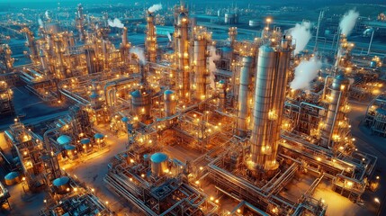 Fototapeta premium Illuminated Industrial Landscape A Breathtaking Aerial View of a Thriving Oil Refinery at Nighttime with Glowing Structures and Emitting Smoke