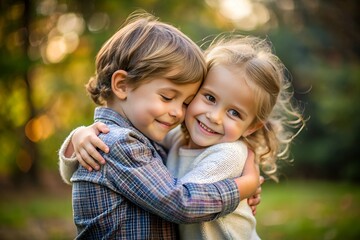Fototapeta premium Siblings with affectionate mood hugging each other against blurred nature background