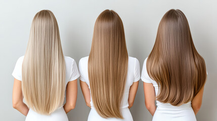 Long hair in different shades showcases beautiful spectrum of colors, from blonde to light brown and dark brown. Each style highlights smooth texture and shine, creating elegant visual appeal