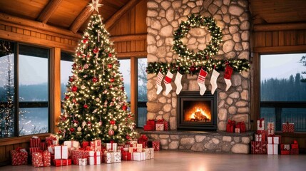 Obraz premium A warm and inviting Christmas living room features a tall decorated tree, a stone fireplace, and delightful holiday decorations