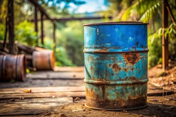 Obraz premium The panoramic scene features a weathered blue oil barrel, embodying rustic industrial charm, with grunge textures in an outdoor setting, creating a uniquely isolated, vintage atmosphere.