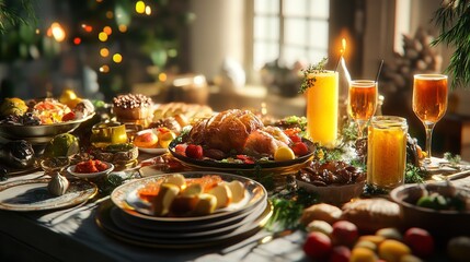 Fototapeta premium Colorful New Year's Brunch Table Set with Appetizers