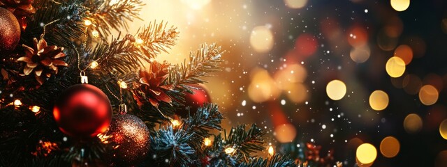 Naklejka premium Festive Christmas Tree with Glittering Ornaments and Lights