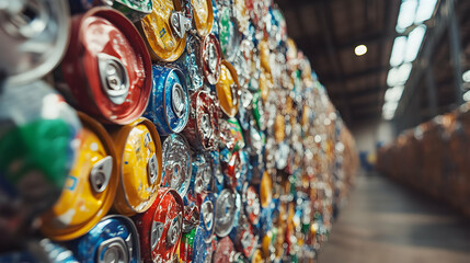 Close-Up View of Crushed Soda Cans Piled Together in a Recycling Facility
