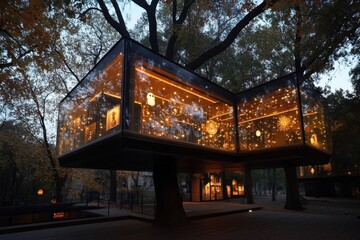 Fototapeta premium An extraordinary treehouse enveloped by forest, adorned with celestial lighting and intricate architectural design, projecting a magical and dreamy atmosphere.