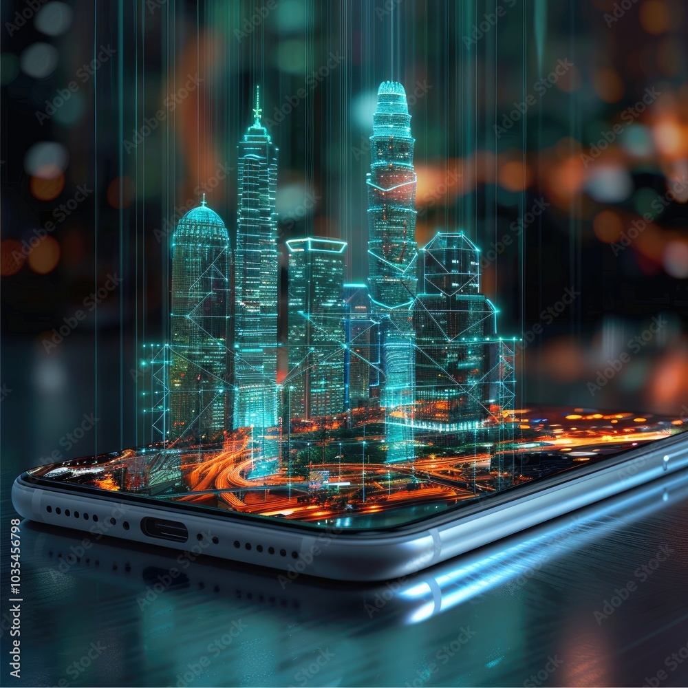 Poster an smartphone with glowing projections of buildings coming out of it.