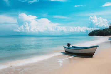 Obraz premium A serene beach scene with a boat on the sand and bright blue sky, showcasing tranquility and solitude.