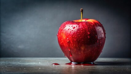 A single red apple dripping with juice onto a dull grey background, red color scheme, autumn theme, still life photography